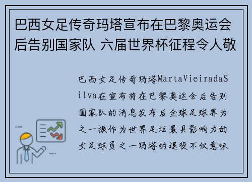 巴西女足传奇玛塔宣布在巴黎奥运会后告别国家队 六届世界杯征程令人敬佩