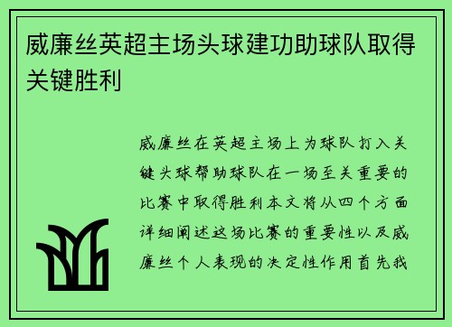 威廉丝英超主场头球建功助球队取得关键胜利
