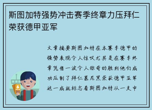 斯图加特强势冲击赛季终章力压拜仁荣获德甲亚军